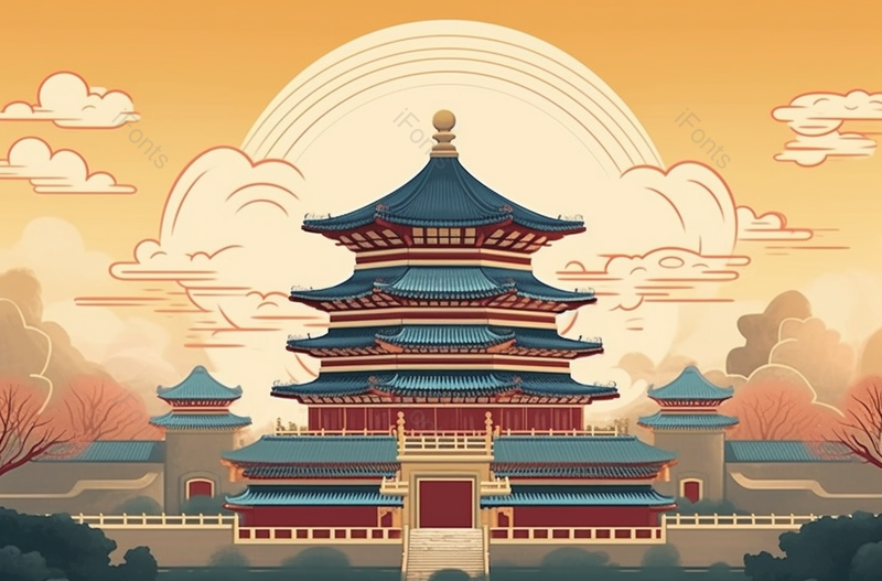 多层红色天空太阳天坛阁楼塔祈祷国潮风中国风插画,插画/手绘图,插画/手绘图库,插画/手绘图下载,插画/手绘